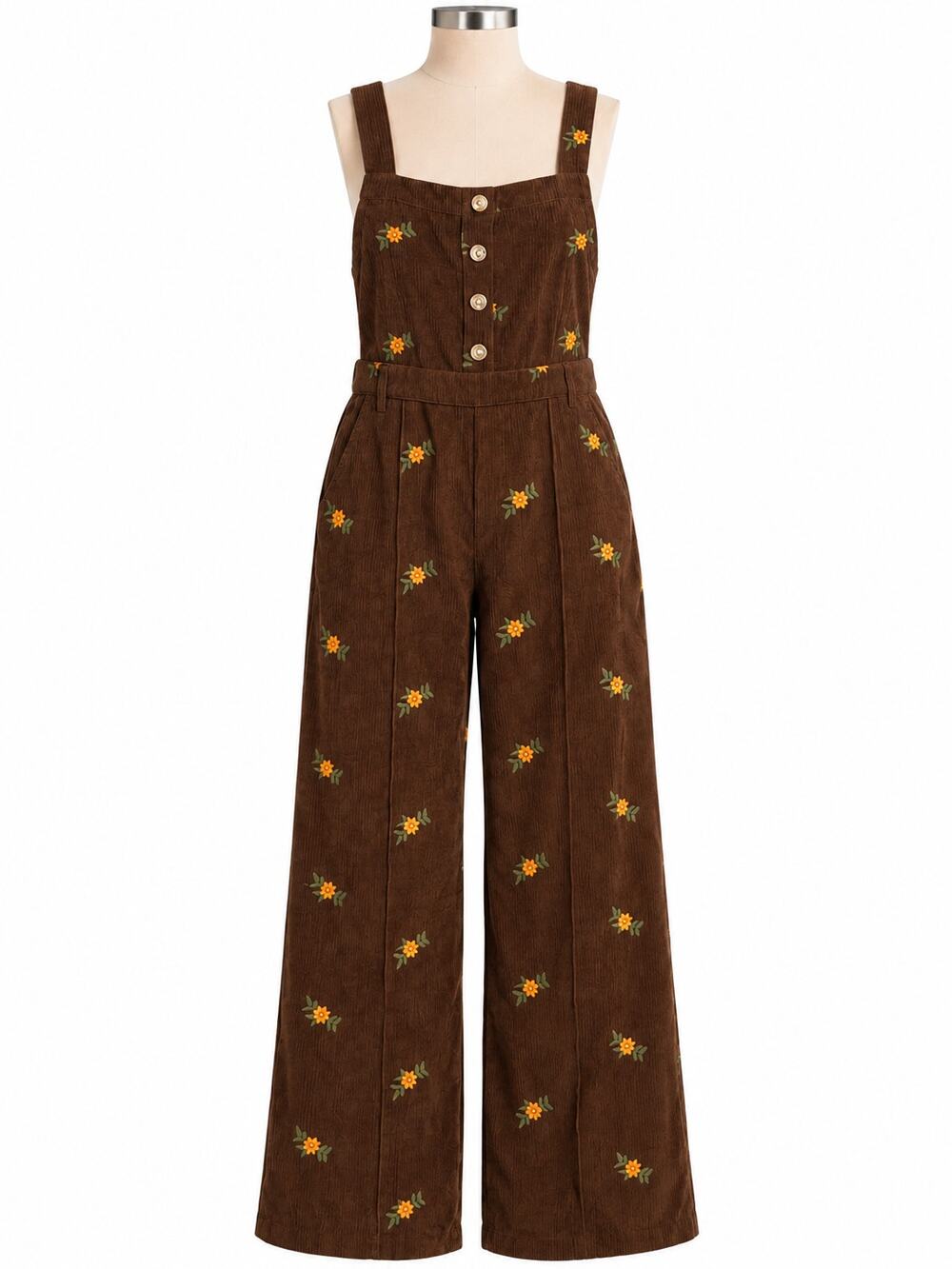 Cider Brown Floral Embroidered Corduroy Wide Leg Jumpsuit Overalls - 32" Waist